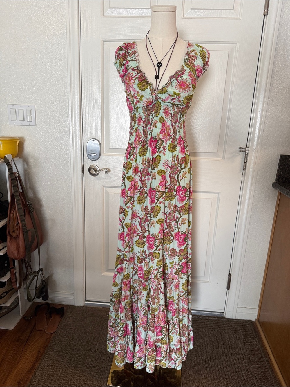 Cienna - Smocked V-Neck Floral Maxi Dress in Pink & Green